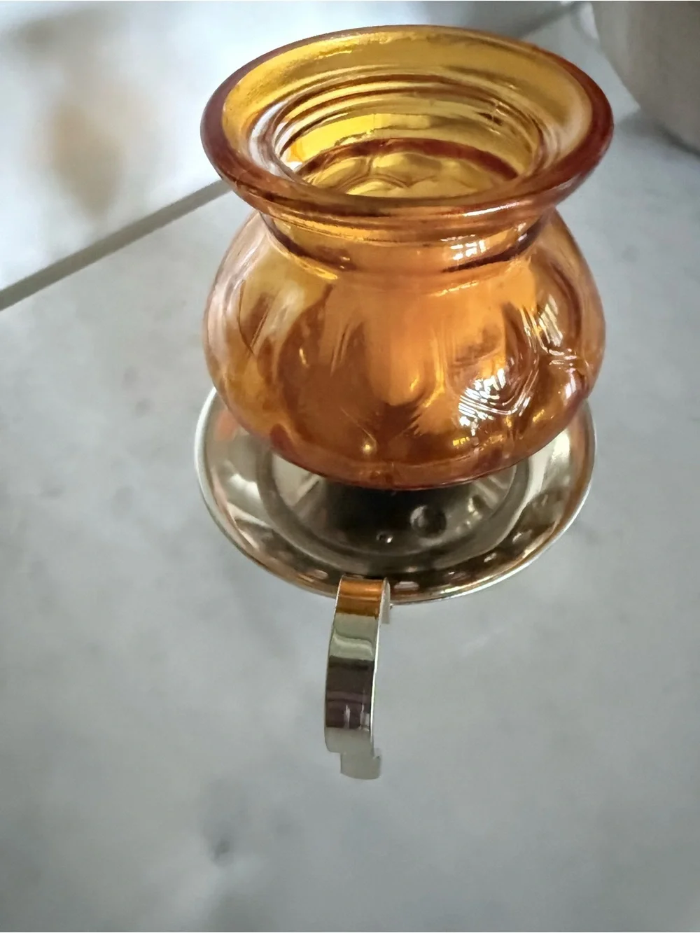 Vintage Amber Glass Candle Holder with Silver-Tone Base